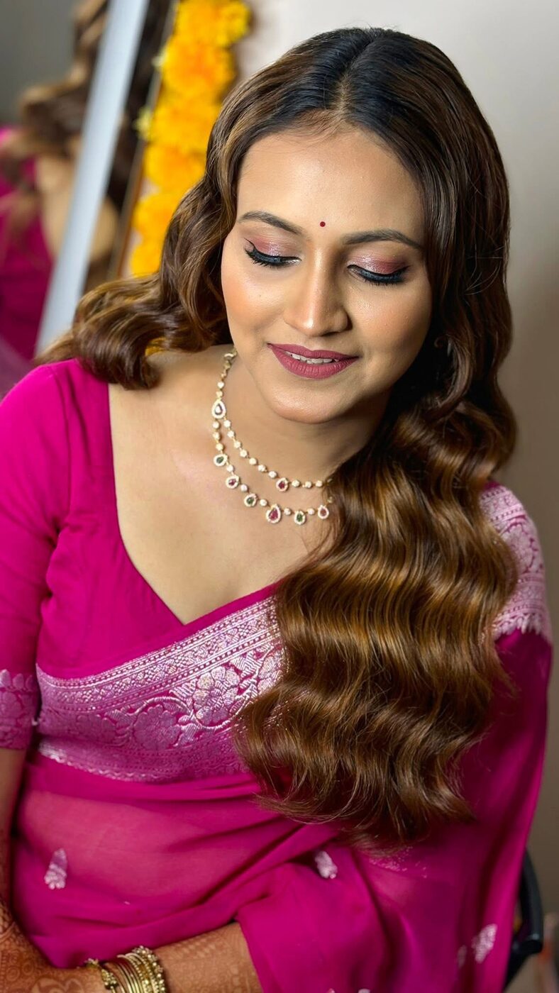 Party makeup in pink saree